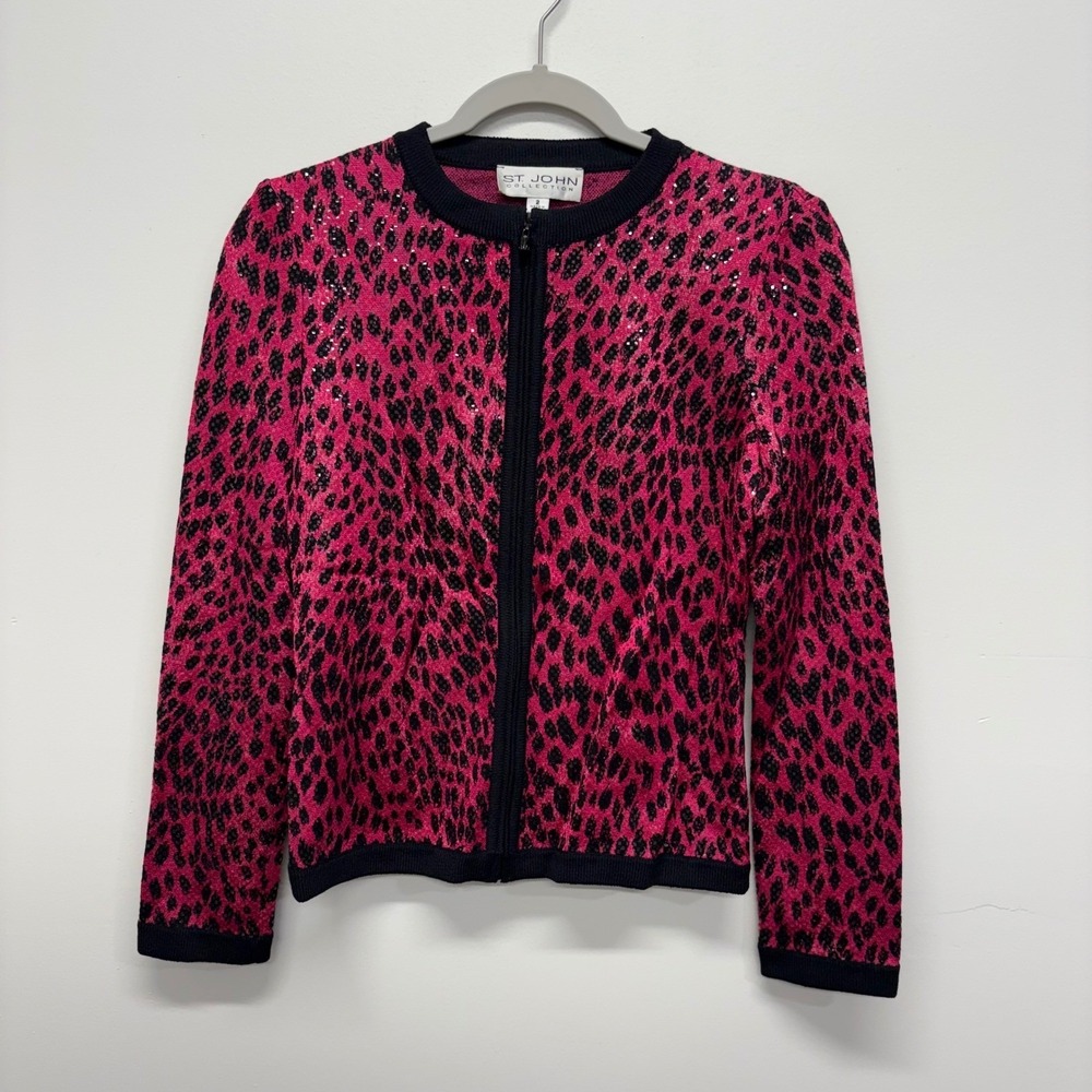 St. John Collection Pink Black Leopard Sequin Zip Knit Cardigan Jacket Size 2